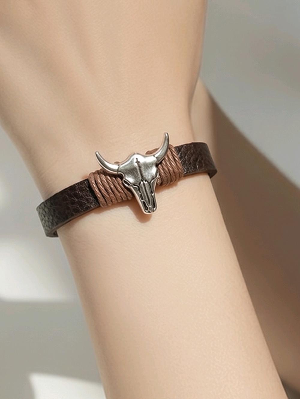 Longhorn Skull Leather Bracelet Brown Western Cowgirl Chic Adjustable Cuff